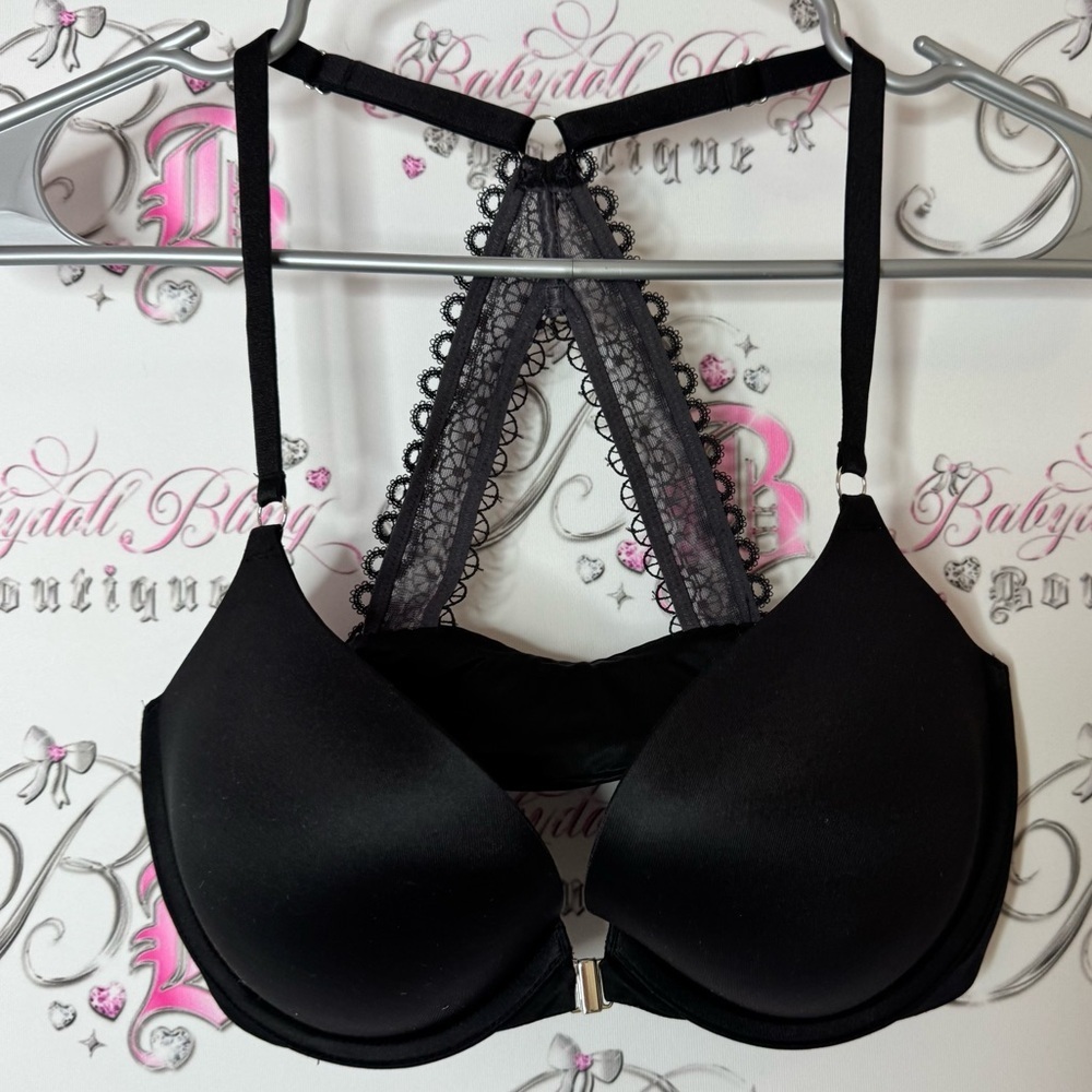 Victoria secret bra Black Satin Lace Push-Up Bra racer back front closure metal